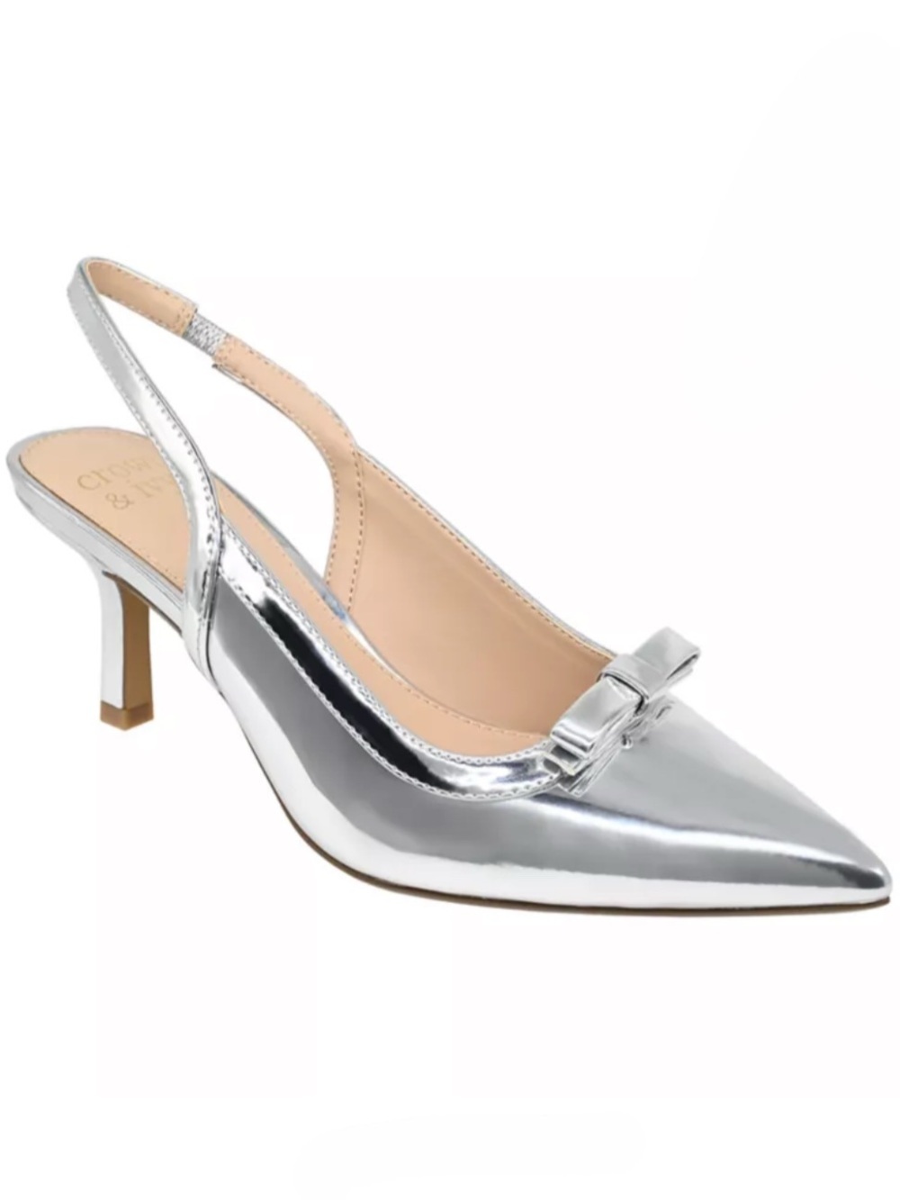 Crown & Ivy Remi Kitten Heel Slingback Silver Women’s 7.5 Bow Pointed Toe Shoes